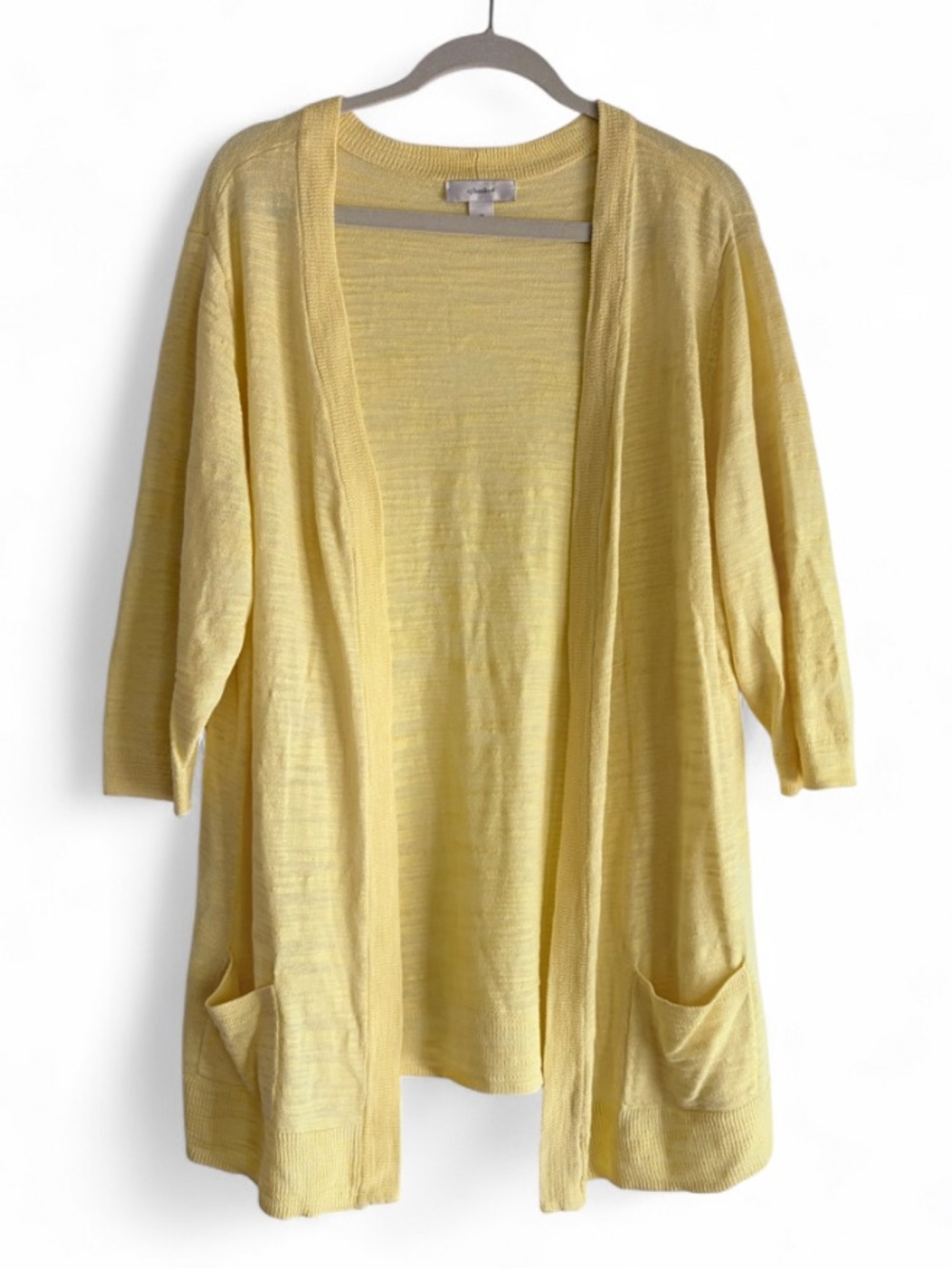 CJ Banks Lemon Yellow Cotton Blend 3/4 Sleeve Open Cardigan Size 1X